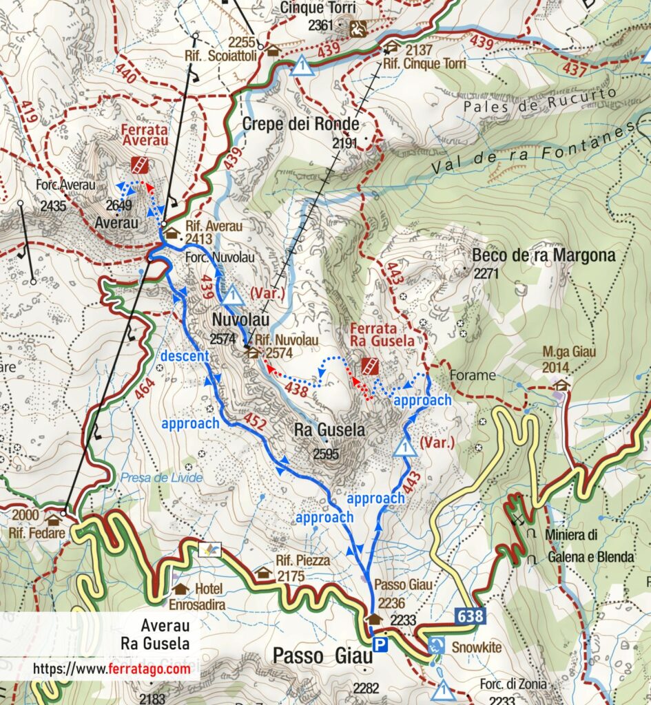 Via ferrata map for Averau and Ra Gusela