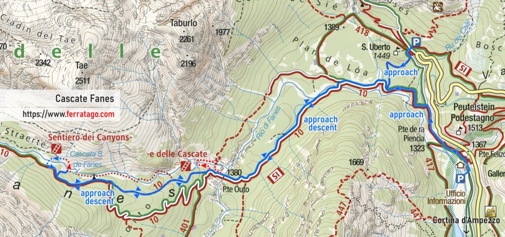 Via ferrata map for Sentiero dei Canyons e delle Cascate di Fanes