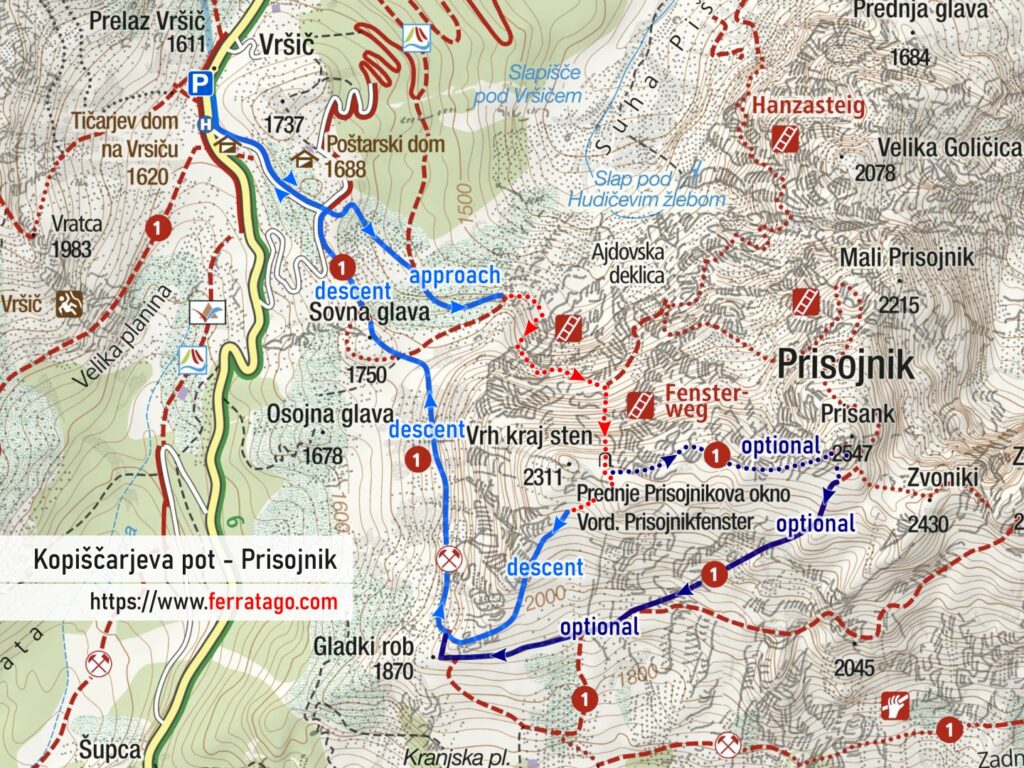 Kopiscarjeva pot - Prisojnik (Prisank) via ferrata map