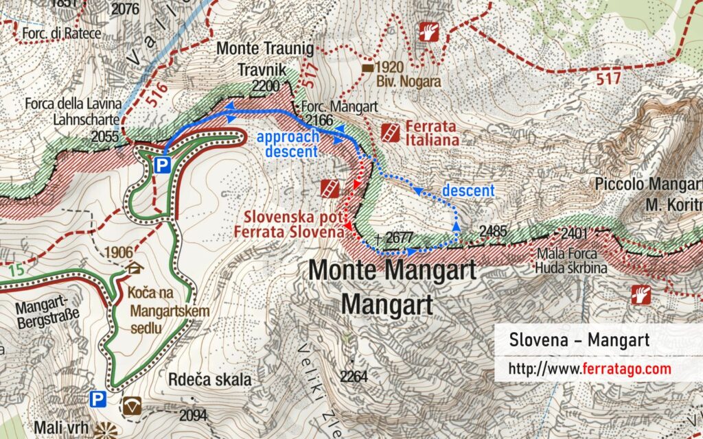 map of via ferrata Slovena at Mangart