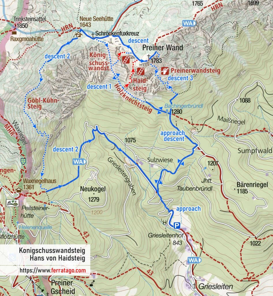 map for via ferratas Konigschusswandsteig and Hans von Haidsteig