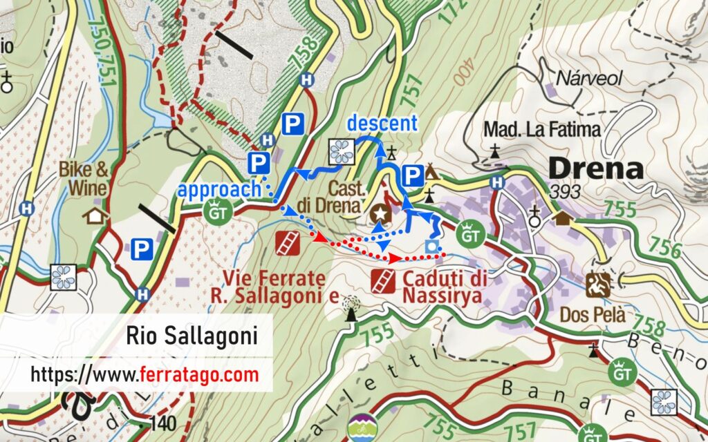 Map for via ferratas Rio Sallagoni and Caduti di Nassirya